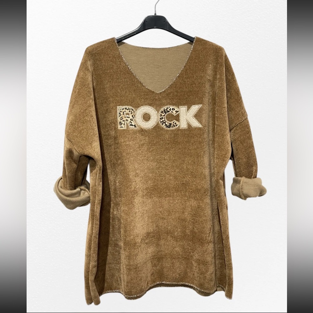 MADE IN ITALY Brown V-Neck Sweater with 'ROCK' Embroidery